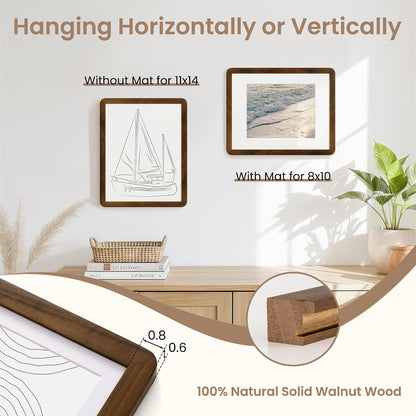 11X14 Picture Frame - Solid Walnut Wood 11X14 Frame with Mat for 8X10 Photos, 11 by 14 Poster Wood Wall Frame, Horizontal or Vertical Wall Mounting, Natural Walnut2