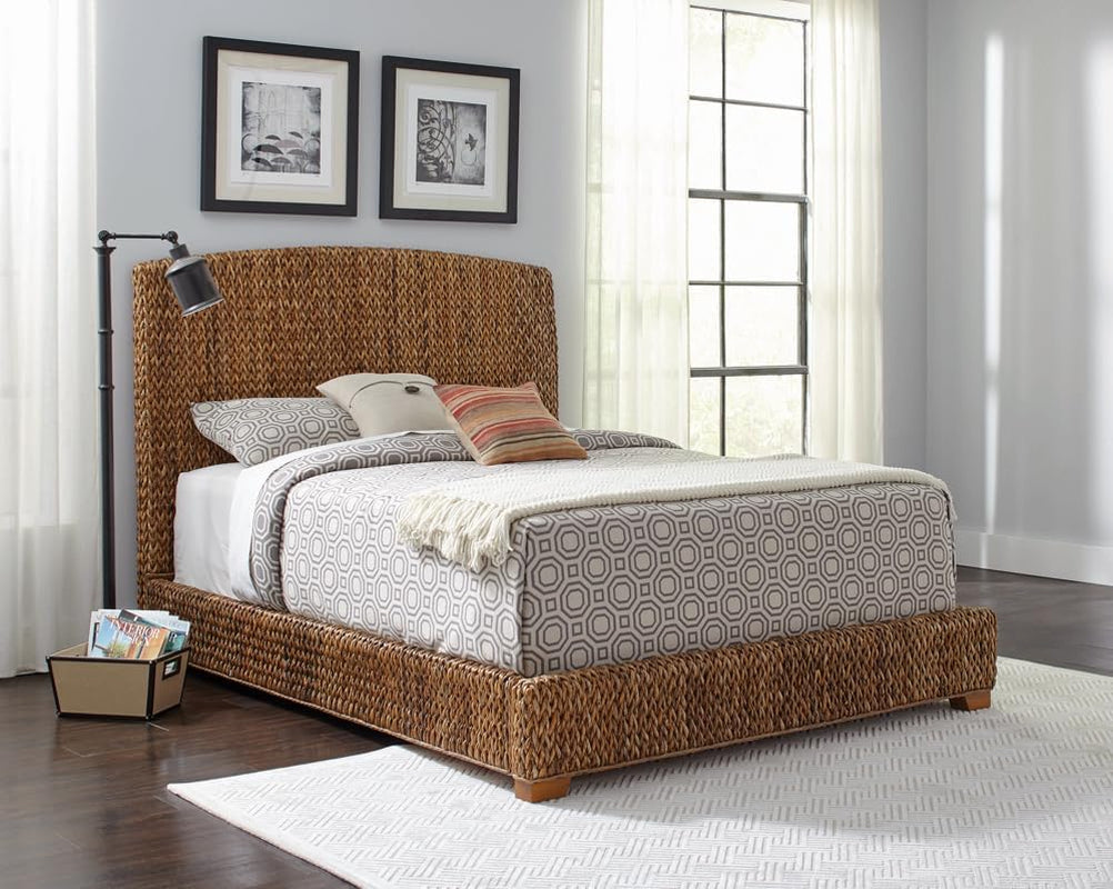 coaster-home-furnishings-laughton-coastal-hand-woven-banana-leaf-bed-frame-eastern-king-size-upholstered-panel-bed-amber-brown-300501ke