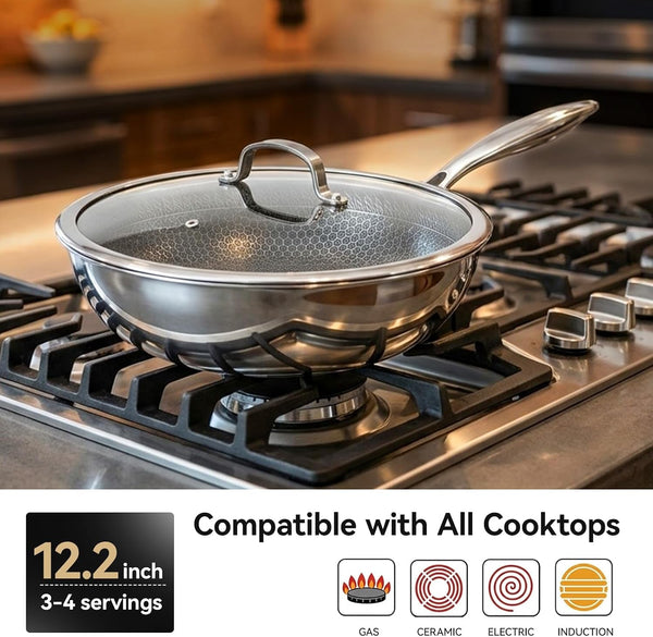 12.2 Inch Stainless Steel Honeycomb Wok Pan with Glass Lid, 3-Ply 18/10 Stainless Steel Stir Fry Pan, Flat Bottom Wok for Induction, Gas, Electric and Glass Stoves, 4.2 QT6