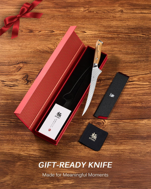 7 In. Japanese Fillet Knife, Koi Series Fish Boning Knife with Olive Wood Handle Koi Scale Pattern, High Carbon Stainless Steel Full Tang Fish Deboning, with Protective Sheath & Gift Box7