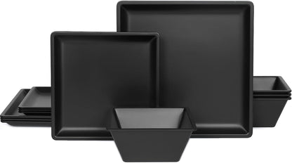 12 Piece Melamine Plates and Bowls Sets，Black Square Dinnerware Set for 41