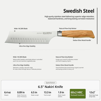 6.5” Nakiri Knife – Swedish Steel, Olive Wood Handle, Daily Prep6