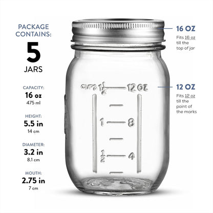 16 Oz Mason Jars with Lids, Regular Mouth, 5 Pack | 16 Oz Glass Jars with Lids and Seal Bands, Mason Jars 16 Oz, Pint Mason Jars, Airtight Canning Jars for Pickling and Oats3