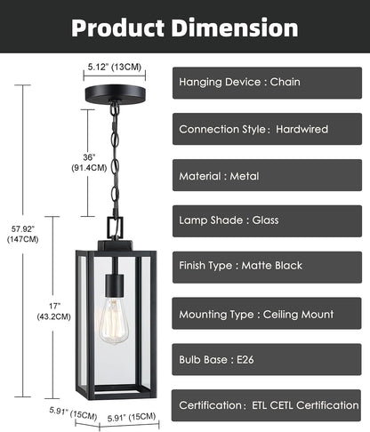 17 Inch Outdoor Pendant Light for Porch,Metal and Glass outside Hanging Light Ceiling Mount Exterior Hanging Lantern for Patio Entrance Front Door Pendant,E262