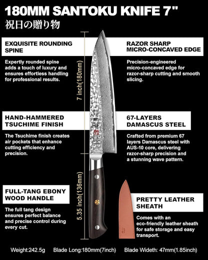 Japanese Chef Knife Kitchen Knife with 67 Layers Damascus Steel AUS-10 Core, Professional Damascus Knife with Full-Tang Ebony Wood Handle and Premium Gift Box (7 Inch Santoku Chefs Knife)6