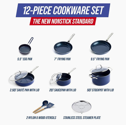 12 Piece Nonstick Cookware Set, Diamond Ceramic Pots & Pans, Dishwasher & Metal Utensil Safe, Non Toxic Pfas-Free, Kitchen Cooking Sauce & Saute Pans, Oven & Broiler to 600F, Blue5