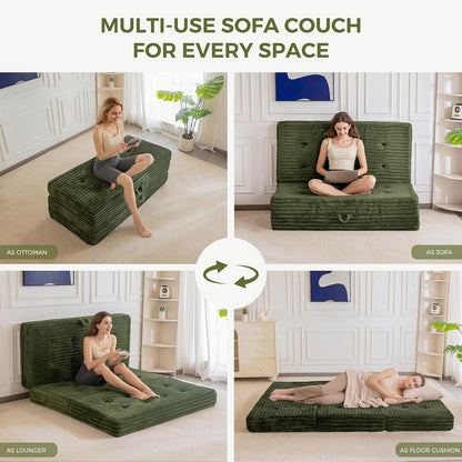 Floor Sofa Couch, 6 Inch Tri-Fold Floor Sofa Bed, Folding Mattress with Handles, Soft Faux Fur Folding Bed with Supportive Foam Filling, Portable Couch for Living Room, Full, Dark Green3