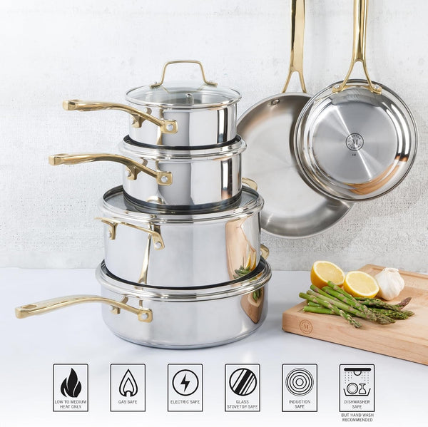 Castelle 10 Piece 18/8 Durable Stainless Steel Induction Safe Pots and Pans Non-Toxic Kitchen Cookware Set - Gold Handles - Dishwasher Safe6