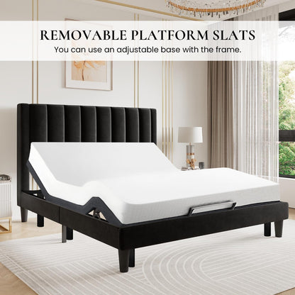 Twin Bed Frame/Velvet Upholstered Platform Bed Frame with Headboard/Strong Wood Slats Support/Mattress Foundation/No Box Spring Needed - Black7