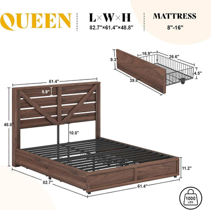 Queen Size Farmhouse Bed Frame with 4 Storage Drawers2