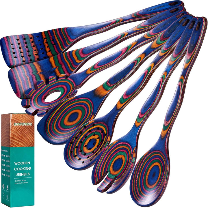 7-Piece Pakkawood Cooking Utensils Set, Colorful Wooden Spoons