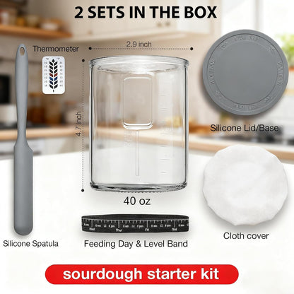 2 Pack Premium Pro Sourdough Starter Jar Kit - 40Oz Large Wide Mouth Sourdough Bread Jar with Marked Feeding Band, Thermometer, Scraper, Cloth Cover & Silicone Lid/Base, Glass Container, Baking Supply3