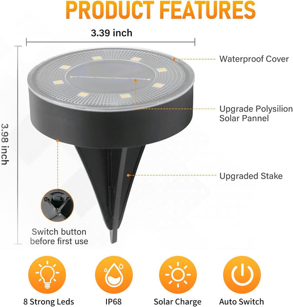 Ground Lights 8 Pack, IP68 Waterproof Solar Disc Lights for Outdoor, Flat Garden Light, In-Ground Light, Landscape Lighting for Pathway, Walkway, and Yard-8 Pcs (Cold White)4
