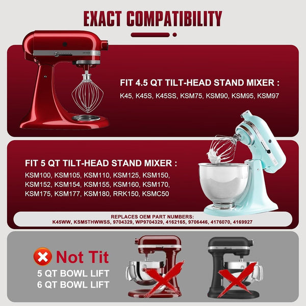 Whole Stainless Steel K45WW Whisk Attachment for Kitchenaid 4.5-5 Tilt-Head Mixer, Dishwasher Safe Wire Whip for Kitchen Aid2
