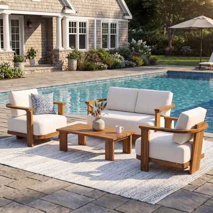 Stella Acacia Wood 4 Piece Patio Furniture Set, Wooden Patio Conversation Set with Club Chair+Coffee Table, 4-Seater Outdoor Loveseat Sofa + Armchair and Table Set, Teak+Beige1