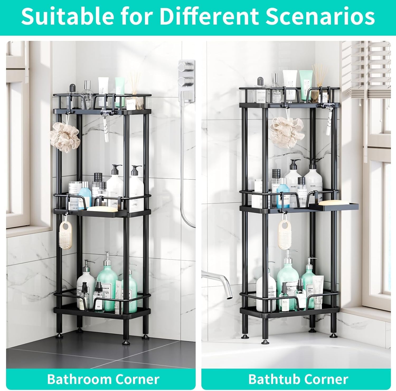 standing-corner-shower-caddy-3-tier-corner-shower-organizer-with-soap-holder-rustproof-stainless-steel-bathroom-shelf-with-4-hooks-black