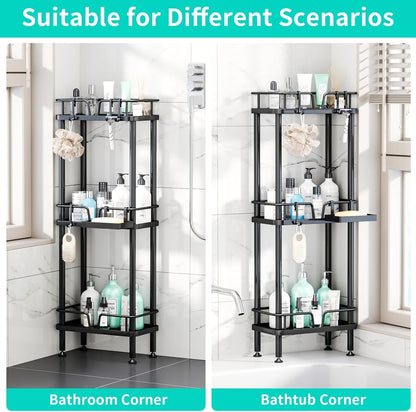 Standing Corner Shower Caddy - 3 Tier Corner Shower Organizer with Soap Holder, Rustproof Stainless Steel Bathroom Shelf with 4 Hooks, Black5