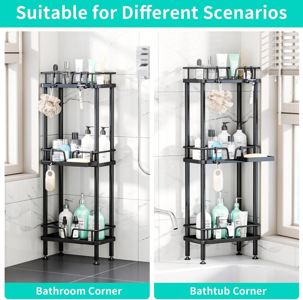 Standing Corner Shower Caddy - 3 Tier Corner Shower Organizer with Soap Holder, Rustproof Stainless Steel Bathroom Shelf with 4 Hooks, Black5