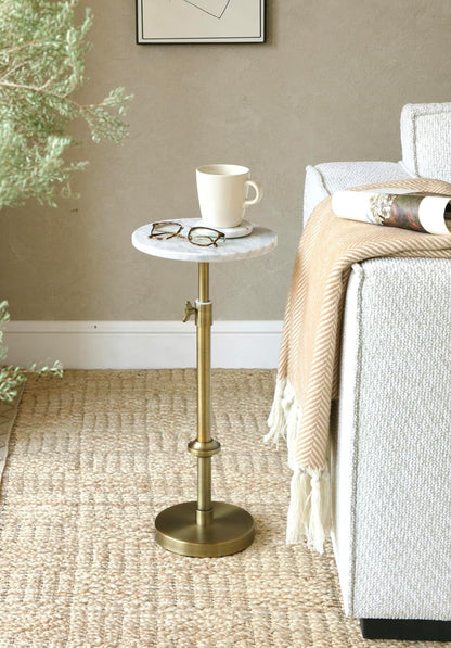 Adjustable 10" White Marble Drink Table with 2 Coasters, Antique Brass⁠ | Adjustable 10" round Martini End Table & Pedestal Side Table. White Marble and Antique Brass Finish.⁠2