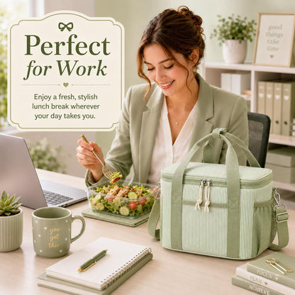Insulated Lunch Box for Women, Cute Corduroy Lunch Bag with Shoulder Strap, Leakproof Wide-Open Lunch Tote for Work, Office, School, Picnic, Green White Stripes7