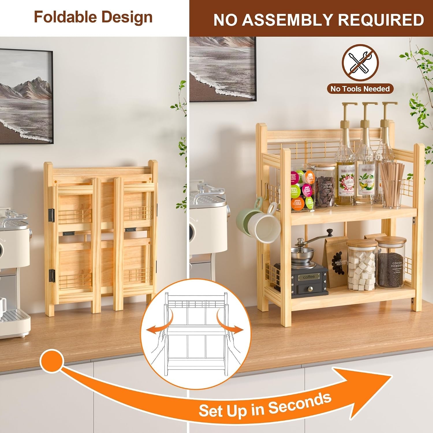 no-assembly-coffee-bar-organizer-2-tier-coffee-station-shelf-foldable-oak-wood-shelf-coffee-station-accessories-storage-for-syrup-pod-3-hooks-for-mugs-kitchen-condiment-rack-natural