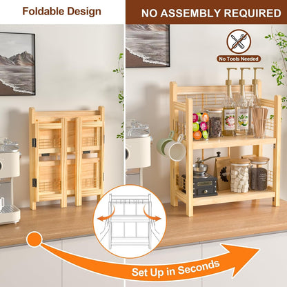 No-Assembly Coffee Bar Organizer, 2-Tier Coffee Station Shelf | Foldable Oak Wood Shelf, Coffee Station Accessories Storage for Syrup & Pod, 3 Hooks for Mugs, Kitchen Condiment Rack Natural2