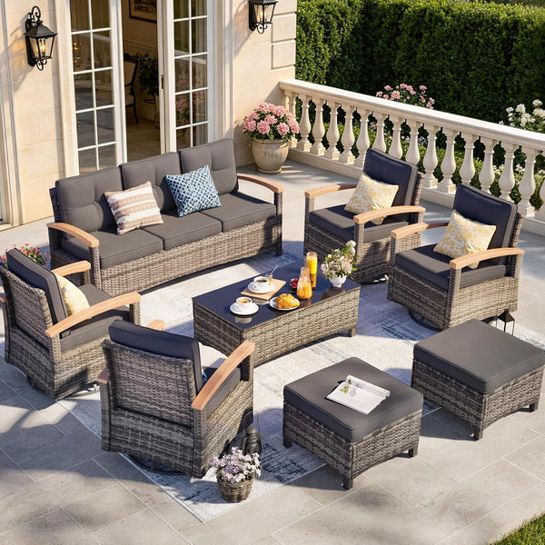 8 Pieces Patio Furniture Sets,Wicker Patio Conversation Sets with 4 Wood Armrests Swivel Glide Chairs, 2 Ottoman, 3-Seat Sofa and Coffee Table (Grey)6