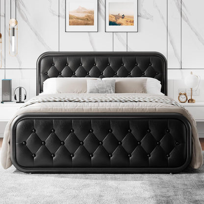 Full Size Metal Bed Frame with Button Tufted Leather Upholstered Headboard and Footboard, U-Shape Support Foundation, No Box Spring Required, Black1