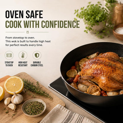 10” Carbon Steel Wok, Hand-Hammered Texture, Pre-Seasoned | Deep Sides Provide Room for Stir-Frying, Simmering, Braising, and Deep-Frying; Flat Bottom Stays Stable on All Cooktops.10