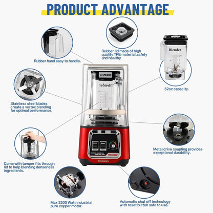 Commercial Blender, 2200W Countertop Blenders with Removable Shield, Quiet Smoothie Blender for Shakes and Ice Crushing, 52Oz, 38000 RPM Professional Blenders for Kitchen, K80 (Red)8