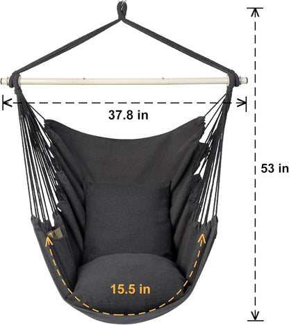 Hammock Chair Hanging Rope Swing Chair, Max 500 Lbs, 2 Seat Cushions Included, Removable Steel Spreader Bar with Anti-Slip Rings, Hardware Kit-For Indoor Outdoor(Dark Grey)5