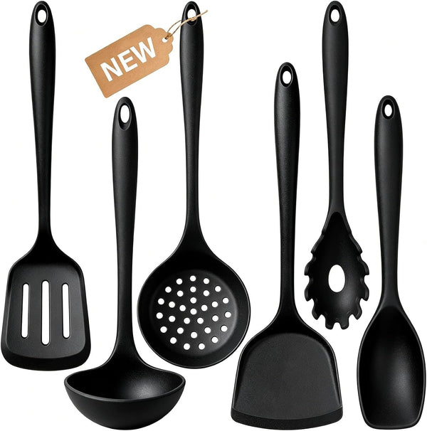 Thickened Silicone Kitchen Utensils Set, Upgrade 6 PCS Nonstick Cooking Utensils Set, Heat Resistant and BPA Free Silicone Utensil Spatula Set for Cooking with Turners, Spoon, Skimmer and Ladle(Black)1