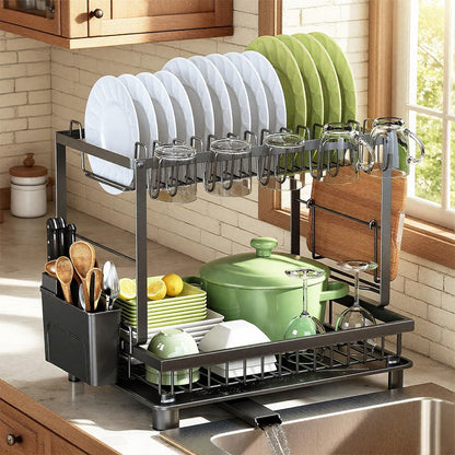 2-Tier Dish Drying Rack for Kitchen Counter, Space-Saving, Black1