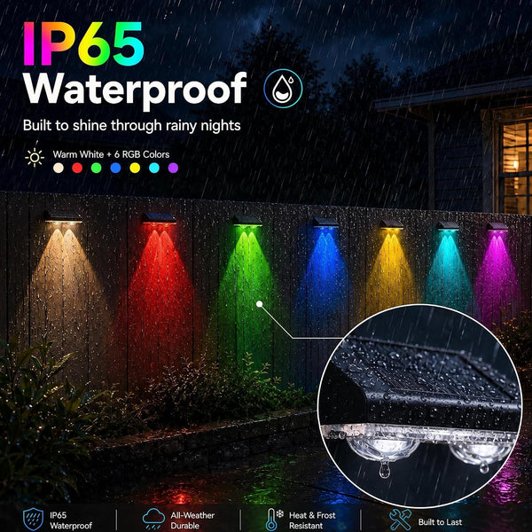 Solar Fence Lights Outdoor, Warm White & RGB Combo 8 Modes Color Changing Fence Lights Solar Powered for Outside, LED IP65 Waterproof Solar Patio Light for Step, Pathway, Garden, Deck, Stairs - 8 Pack3
