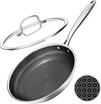 Hybrid Non Stick Frying Pans with Glass Lid, 8-Inch Frying Pan. | Stainless Steel Skillet with Honeycomb Surface,Oven-Safe,Pfas-Free,Compatible with All Cooktops.1