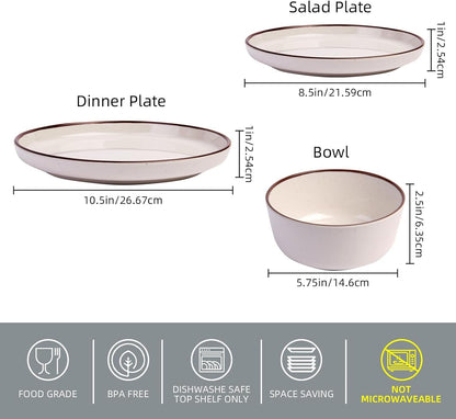 12 Piece Melamine Dinnerware Sets for 4, White Base with Speckles,Modern Plates and Bowls Sets, Lightweight Shatterproof Durable Dishware for Camping Picnic Party(White with Dark Brown Rim)2