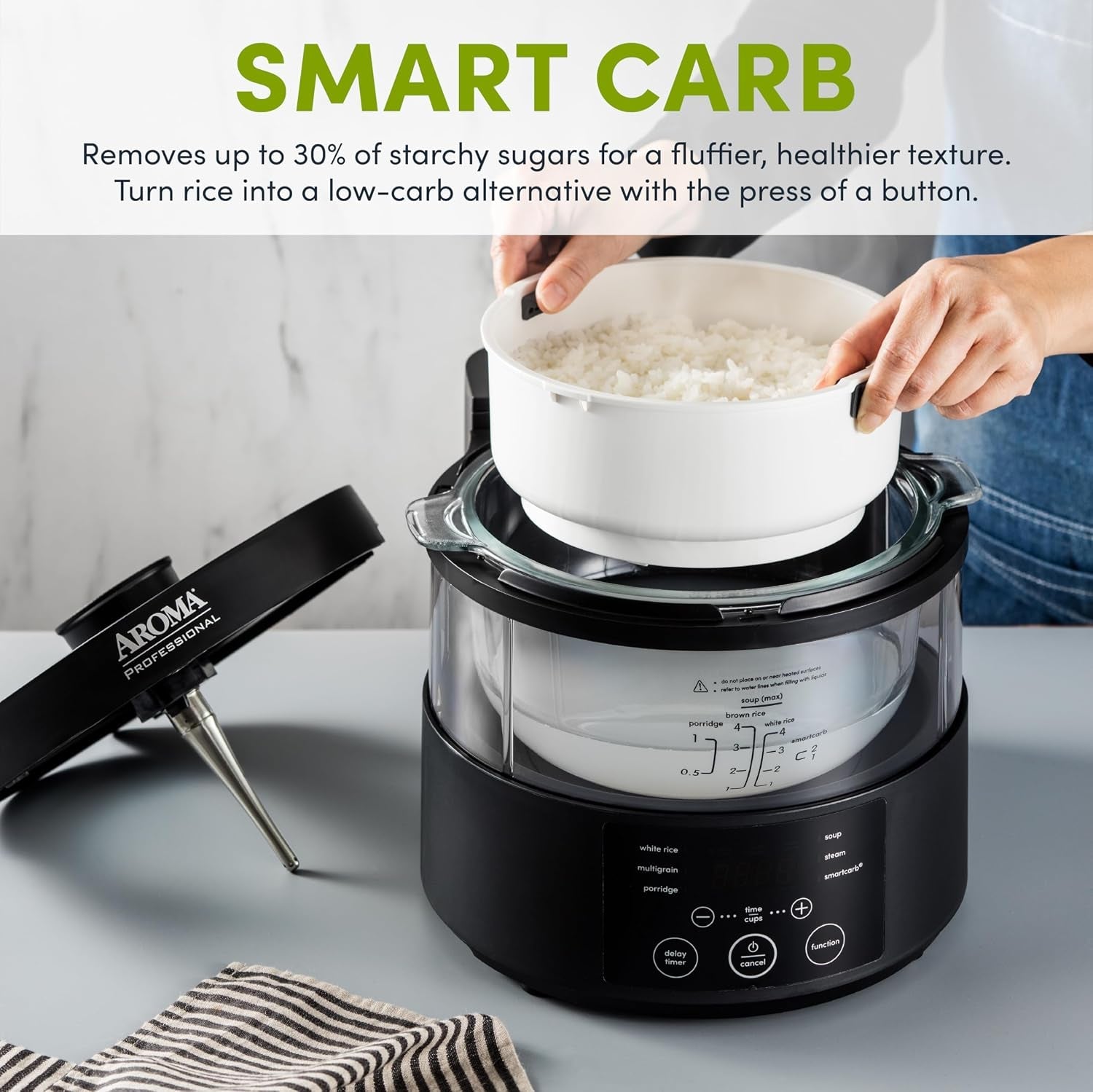 housewares-professional-8-cup-cooked-smartcarb-multicooker-and-flavor-lock-food-steamer-for-low-carb-rice-and-grains-glass-inner-pot-black-amc-800-transparent-glass-4-cup-uncooked-rice