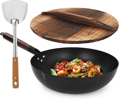Hand Hammered Carbon Steel Wok, Wooden Lid Asian Spatula with Handle - Stir Fry Pan for Chinese, Japanese, and Cantonese Cuisine – Flat Bottom Wok Cooking by Cookeries / 2 Accessories1