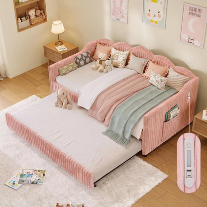 Twin Size Faux Fur Upholstered Daybed with Trundle, Side Pockets, Pink1