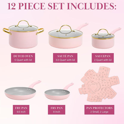 Epic Nonstick Pots and Pans Set, Multi-Layer Nonstick Coating, Tempered Glass Lids, Soft Touch, Stay Cool Handles, Made without PFOA, Dishwasher Safe Cookware Set, 12-Piece, Pink4