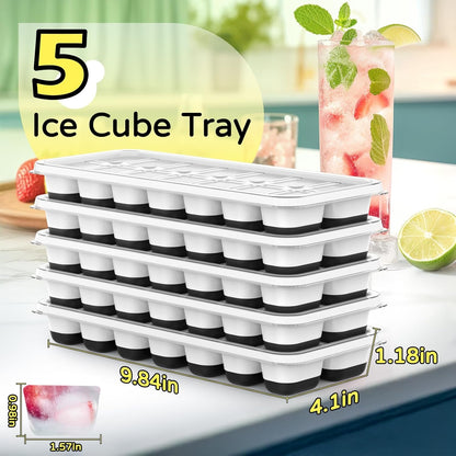 Ice Cube Tray 5 Pack, Stackable Silicone Ice Cube Trays with Lid, Easy Release Reusable Ice Tray, Bpa-Free Rectangular Ice Cube Mold Set for Cocktails, Coffee, Whiskey & Drinks, Black2