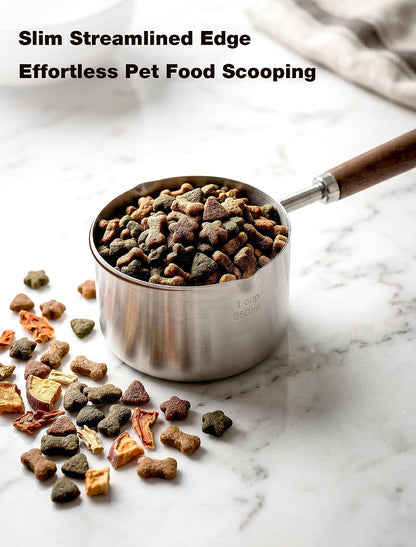 Dog Food Scoop 1 Cup with Cleaning Towel and Drying Rack, 304 Stainless Steel Dog Food Measuring Cup with Walnut Handle, Dishwasher Safe Pet Food Scoop for Dogs and Cats4
