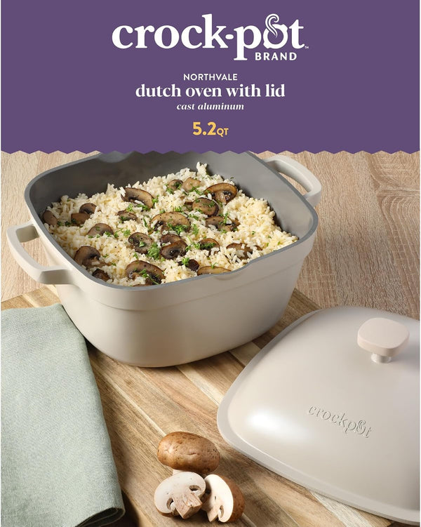 Crock-Pot Northvale Cast Aluminum Lightweight Durable 5.2 Quart Heavy Duty Dutch Oven Pot with Lid, Oven Safe, Dual Handles - Matte Linen White2