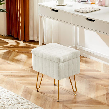 Vanity Stool Chair with Storage, Ottoman Faux Fur Soft Padded Makeup Footstools Seat with 4 Metal Legs Anti-Slip Adjustable Feet Modern Cute Small Footrest for Home Entryway Bedroom White2