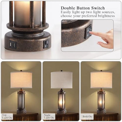 New - Same Matching Floor Lamp - 65'' Floor Lamp + 25'' Table Lamp, Farmhouse Nightstand Lamp with Frosted Glass Nightlight Linen Fabric Shade for Living Room, Bedroom, Entryway Office, Bulb Included6