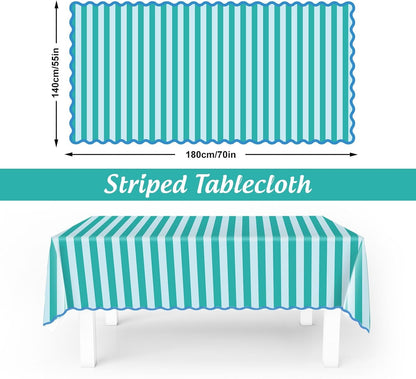 Striped Tablecloth, Blue Green Scalloped, 55 X 70 Inch2