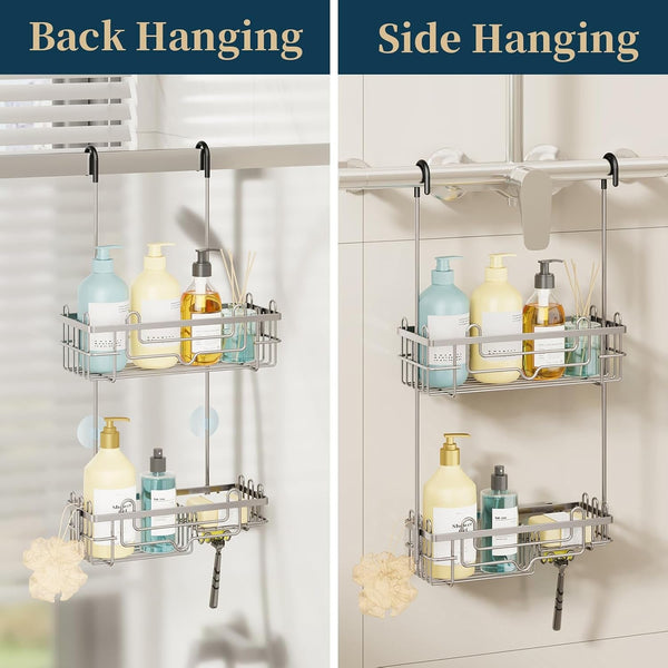 over the Door Shower Caddy - 2-Tier Hanging Shower Organizer with Soap Holder, Rustproof Bathroom Storage and Organizer Rack for Shampoo, Towels, and Toiletries, Sand Nickel3