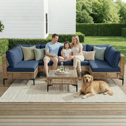7 Piece Outdoor Patio Furniture Set with Coffee Table - Dark Blue9