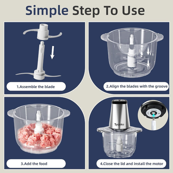 Electric Food Processor Vegetable Chopper, Easy Clean Meat Grinder with 2 Bowls (8 Cup Stainless Steel+8 Cup Glass), Small Food Mixer for Fruits/Meat/Nuts/Fish/Veggie/Pet Food/Baby Food5