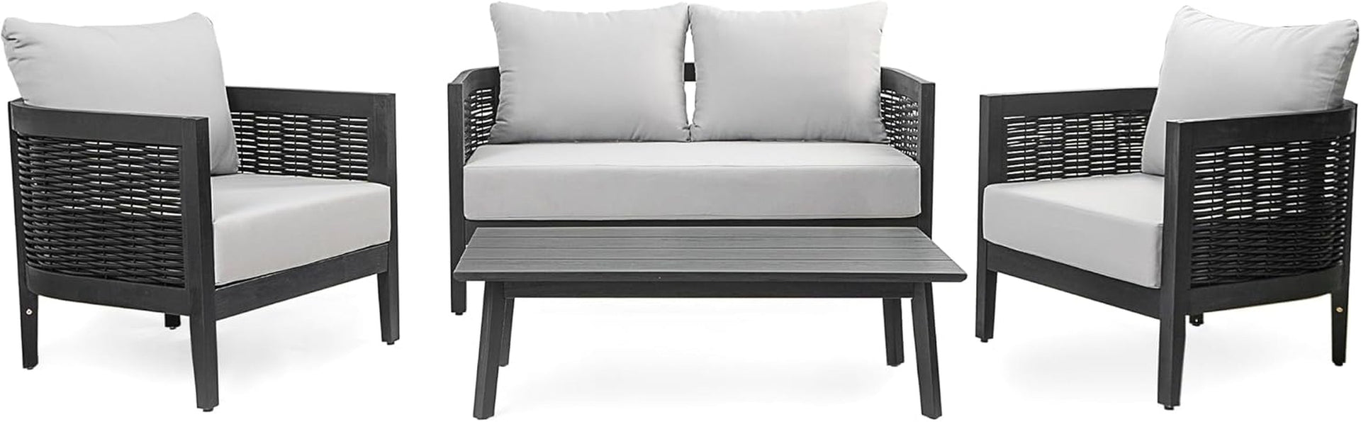 peron-patio-4-seater-conversation-set-sofa-loveseat-2-club-chairs-coffee-table-cushion-back-pillows-acacia-wood-wicker-garden-backyard-poolside-black-light-grey